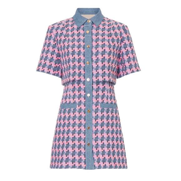 Sandro Amadora Dress Pink Blue Denim Trim Houndstooth Tweed Mini FR 36 US 4 - Picture 1 of 15